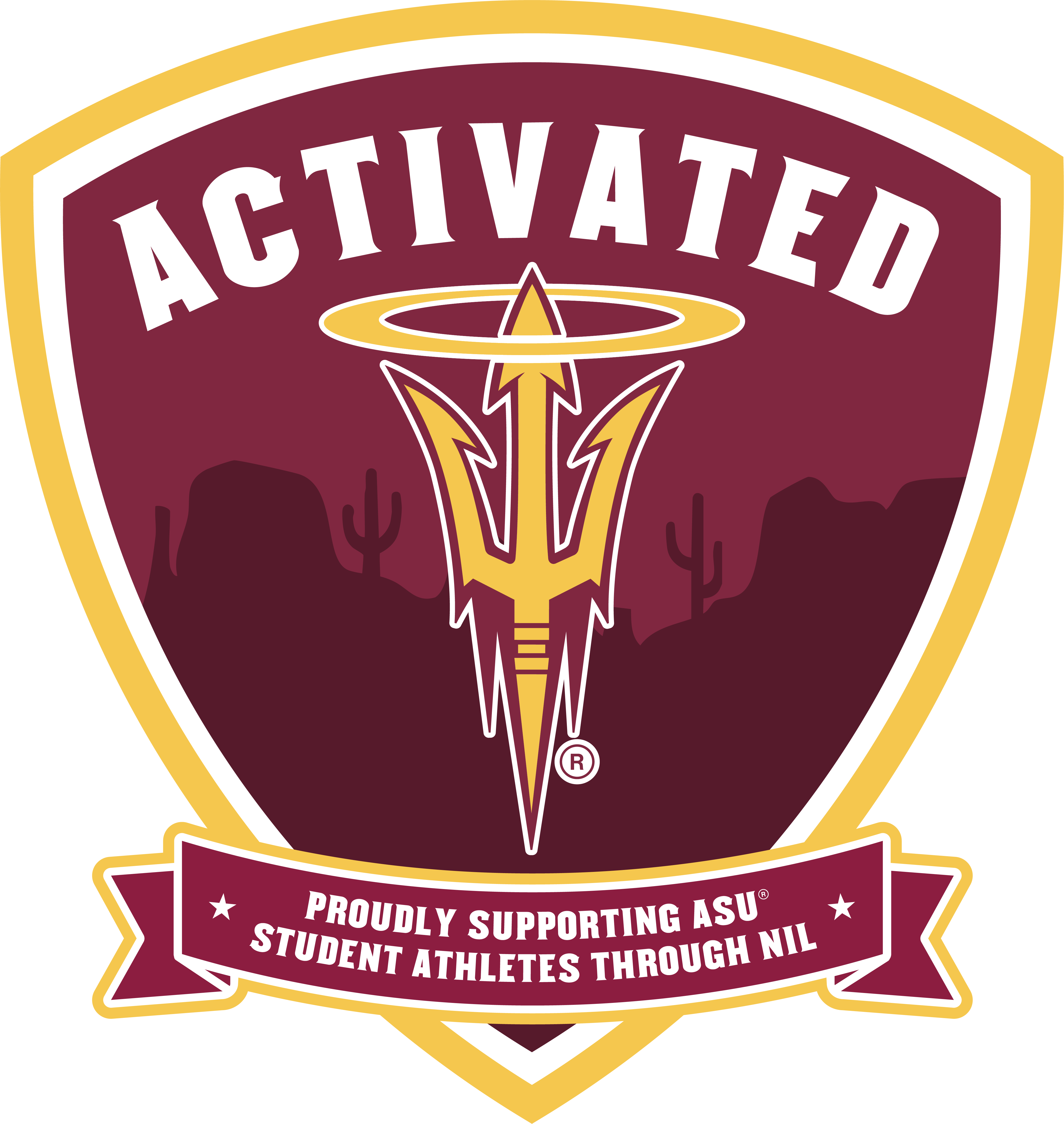 Shield-shaped badge with the word Activated above the Sun Angel Collective pitchfork logo, which has a gold halo above it. A maroon banner at the bottom reads “Proudly supporting ASU student athletes through NIL,” with a desert background and cacti silhouettes.