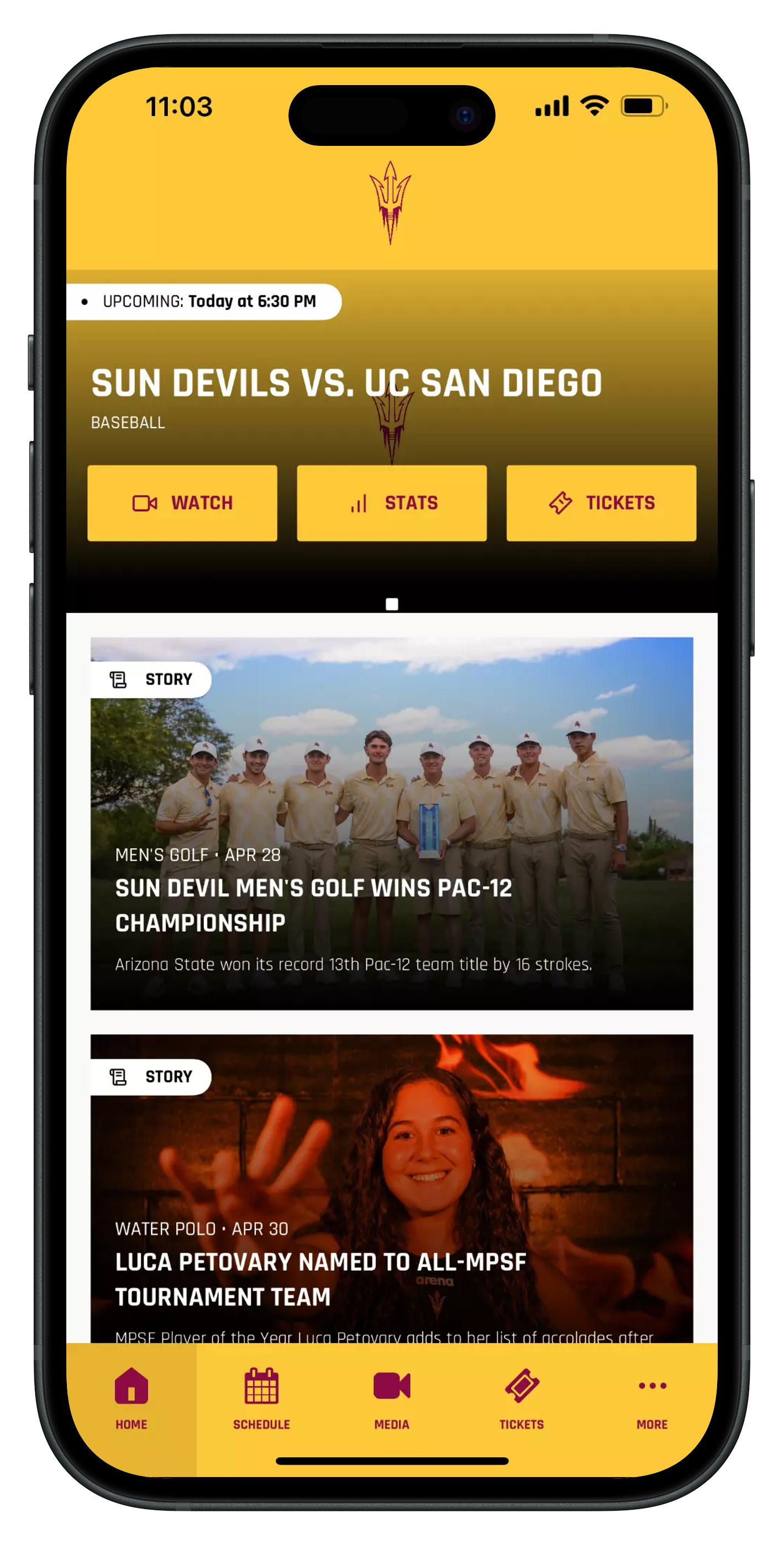 Sun Devil Game Day app home screen