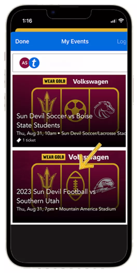 Sun Devil Athletics app showing tickets in Ticketmaster